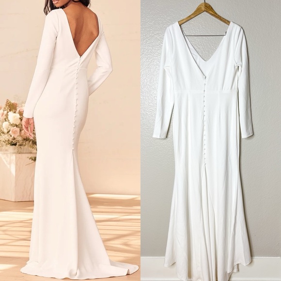 Feeling of Forever White Long Sleeve Mermaid Maxi Dress Gown - Picture 3 of 9